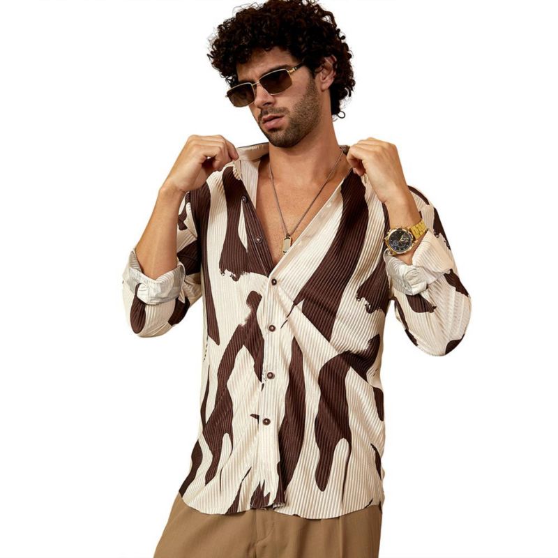 Men's Chocolate Brown & Daisy White Contour-Lines Pleated Shirt