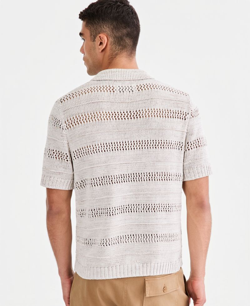 Men's Striped Open-Stitch Button Sweater