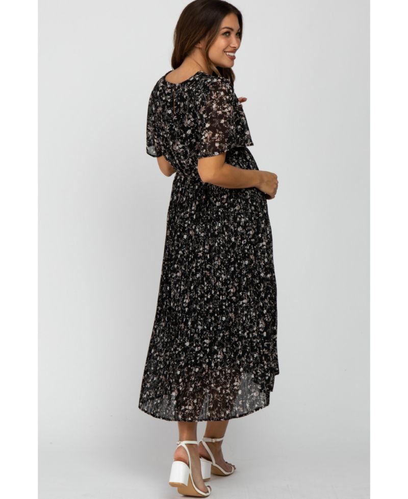 Women's Black Floral Pleated Short Sleeve Chiffon Midi Dress