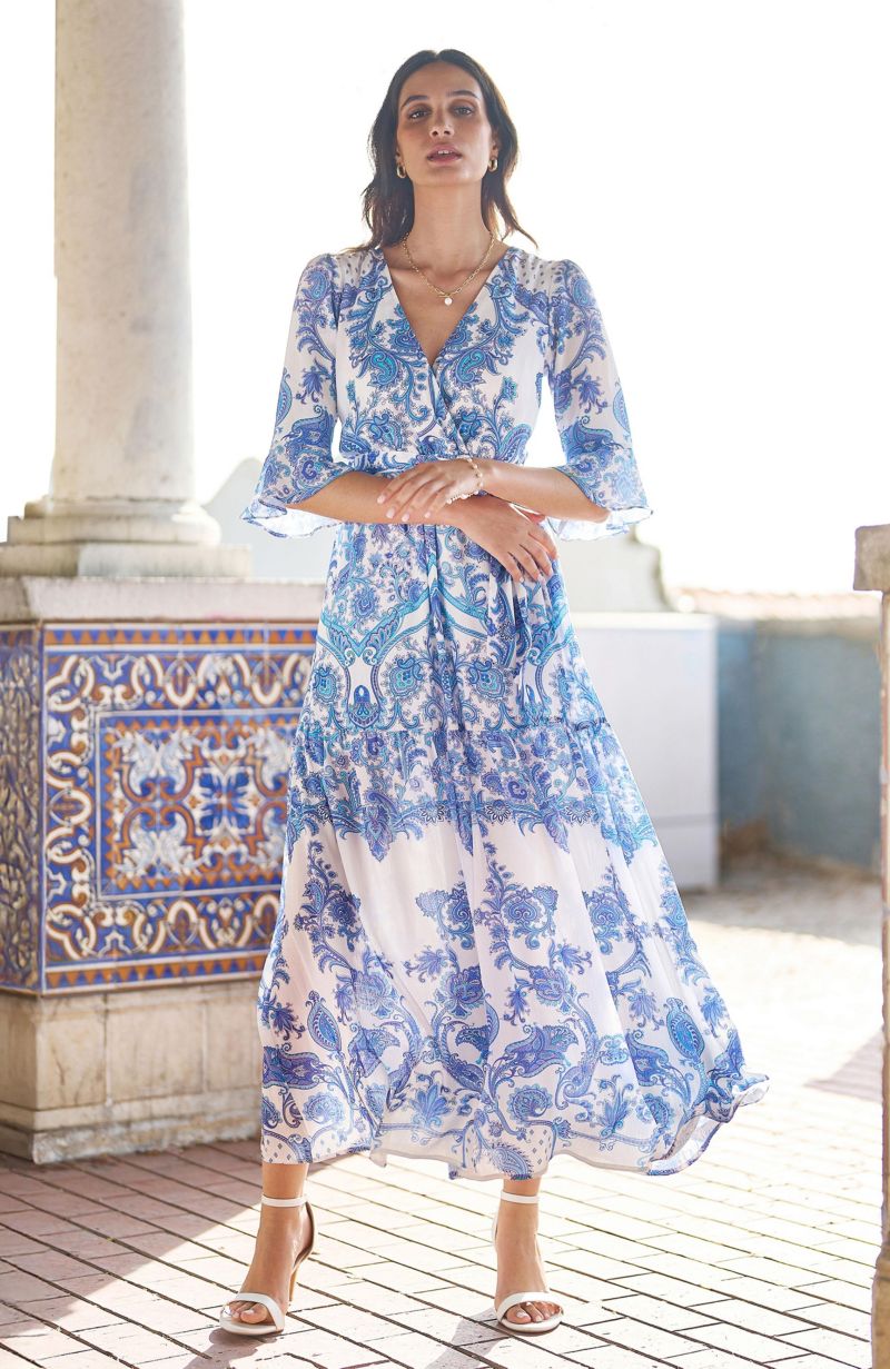 Women's 3/4 Sleeves Paisley Wrap Midi Dress