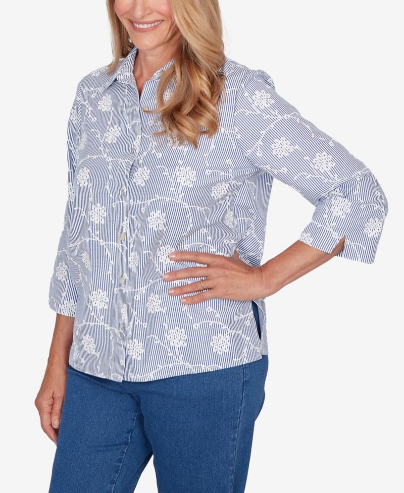 Women's Classic Puff Print Pinstripe Embroidered Button Down Top