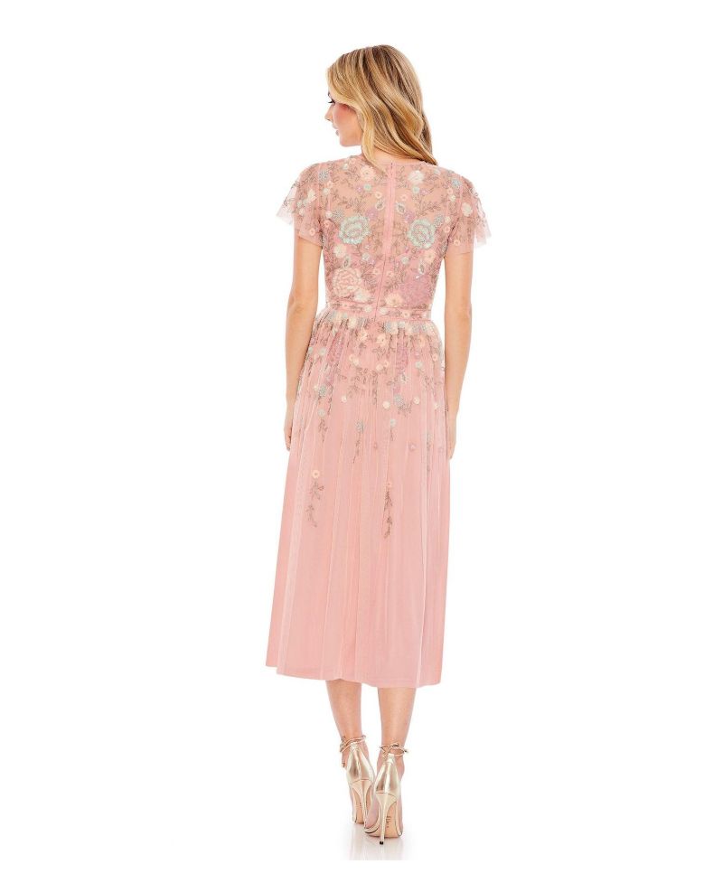 Women's Embellished Illusion High Neck Butterfly Sleeve Midi Dress