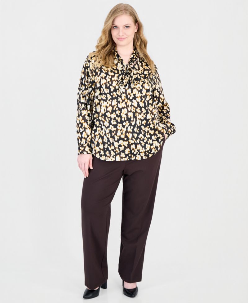 Plus Size Tie Neck Long-Sleeve Animal-Print Blouse