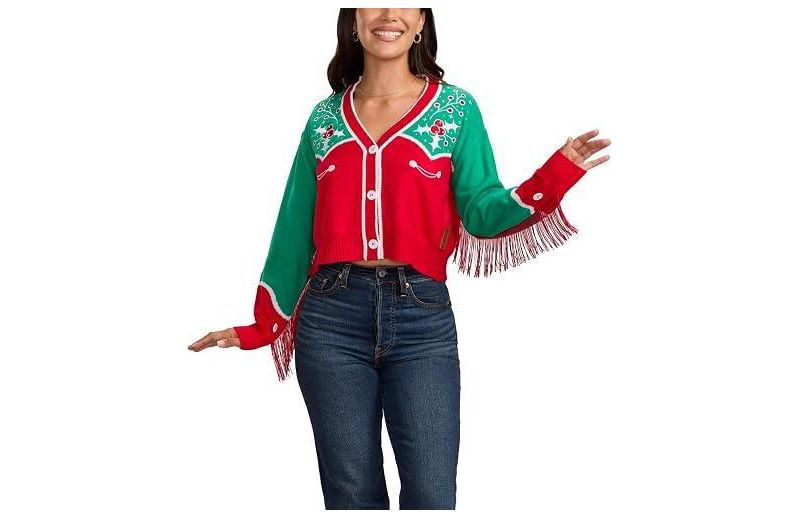 Women's Christmas Cowgirl Cropped V-Neck Cardigan