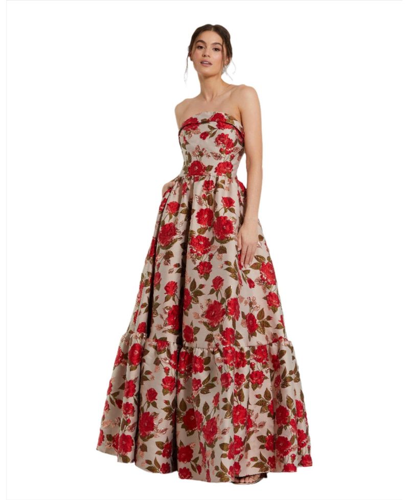 Women's Brocade Strapless Floral Gown With Ruffle Hem