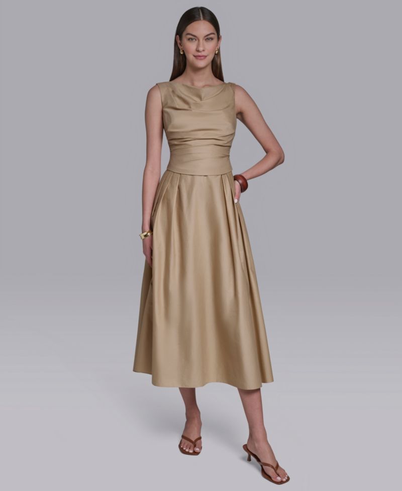 Women's Boat Neck Sleeveless Pleated Midi Dress