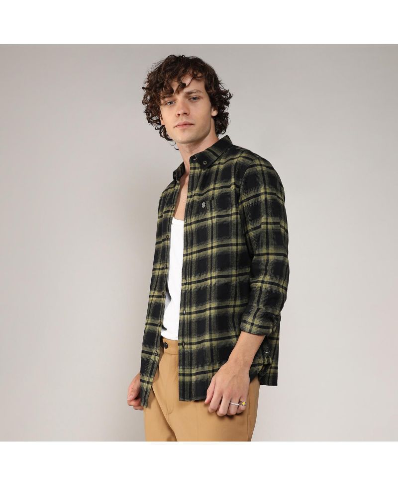 Men's Midnight Black & Sage Green Brushed Buffalo Check Shirt