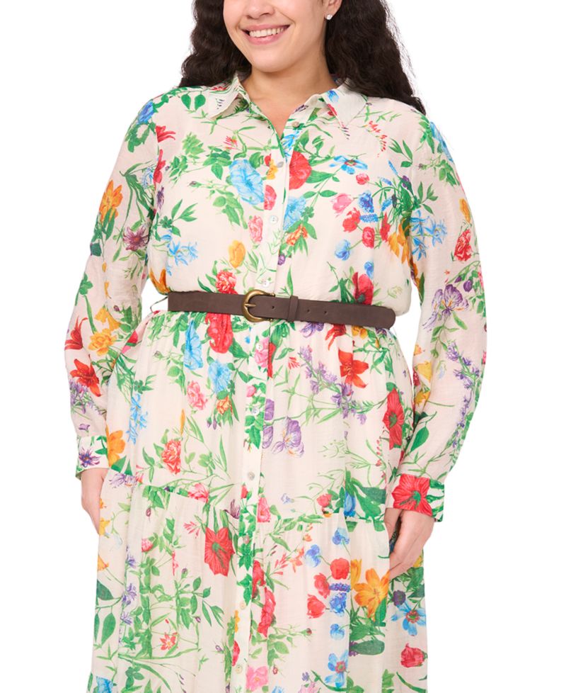 Plus Size Long-Sleeve Floral Print Belted Maxi Shirt Dress