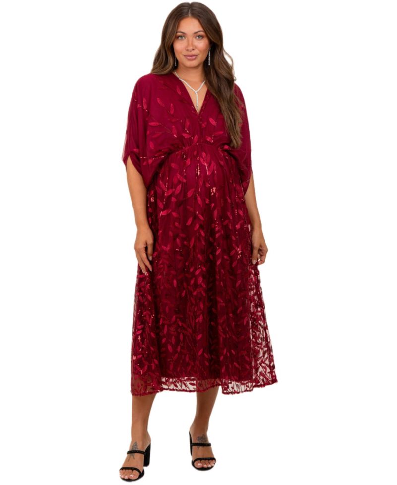 Women's Pinkblus Burgundy Embroidered Tulle Dolman V-Neck Midi Dress