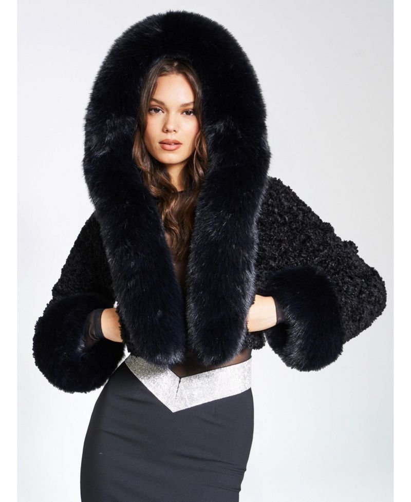 Women's Kali Black Cropped Faux Fur Jacket With Hood