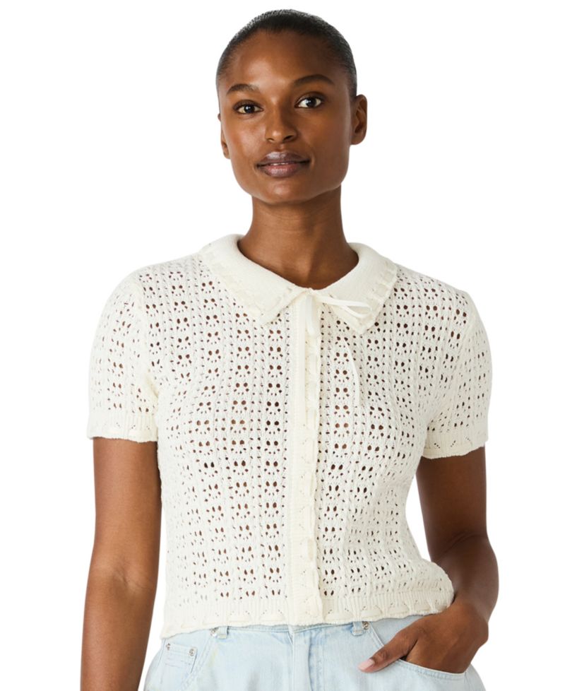 Women's Pointelle Ruffle Collared Cardigan Sweater