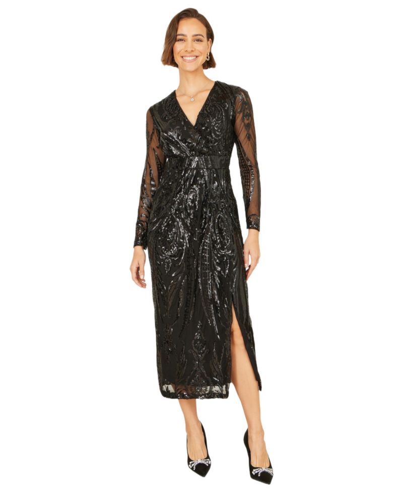Women's Sequin Midi Long Sleeve Wrap Dress