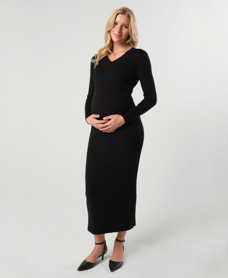 Maternity Maxi Nursing V-Neck Sweater Dress in Cotton Knit