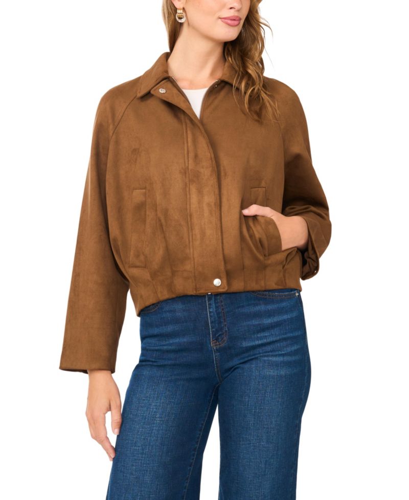 Women's Raglan-Sleeve Faux-Suede Bomber Jacket