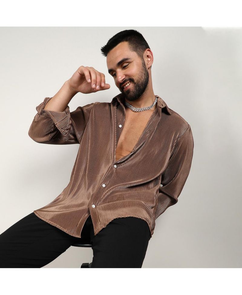 Men's Mocha Brown Pleat-Creased Shirt