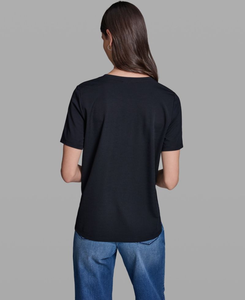 Women's Short-Sleeve Mix-Media Printed Knit Top