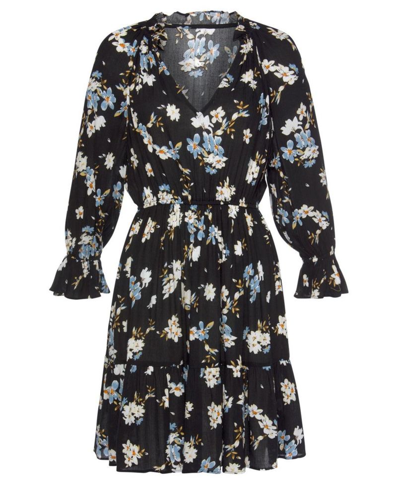 Women's Viscose Printed Ruffle 3/4 Sleeve Lace Elastic-Waist Short Dress