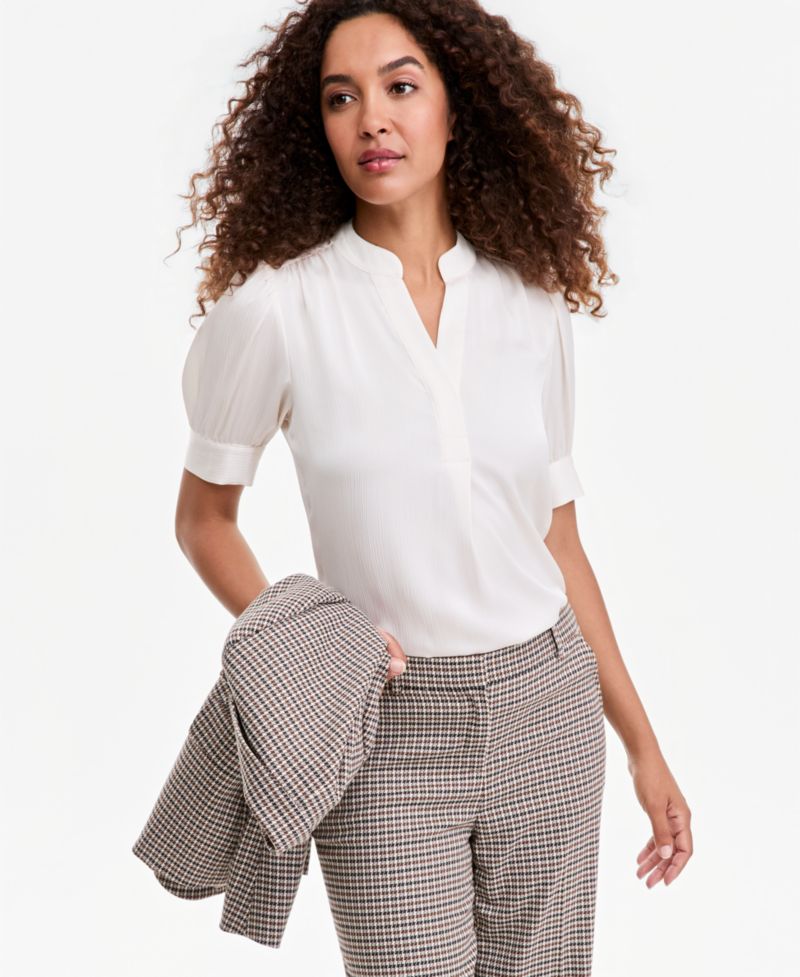 Petite Short Puff-Sleeve Y-Neck Blouse