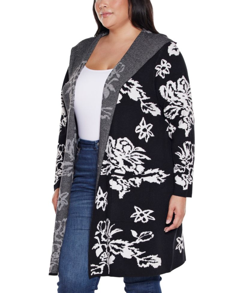 Plus Size Hooded Fall Botanicals Coatigan Sweater