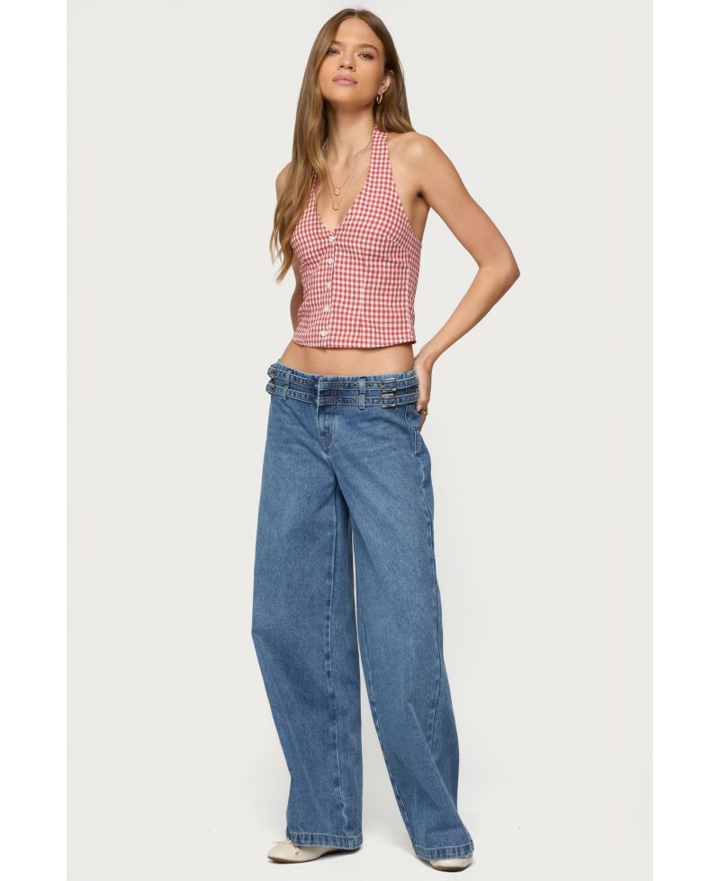 Womens Evan Gingham Button Up Halter Top