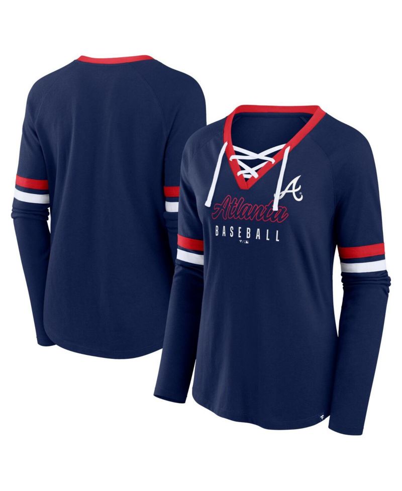 Women's Navy Atlanta Braves Won Done Raglan Lace-Up Long Sleeve T-Shirt