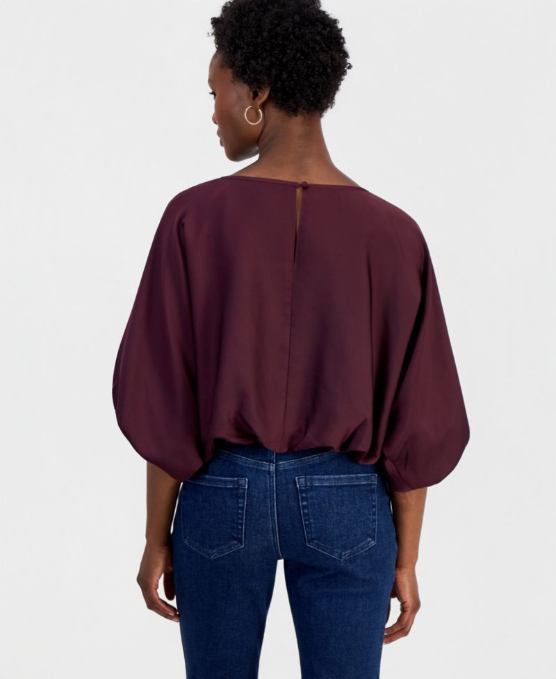 Petite Elbow-Sleeve Bubble Boat Neck Blouse