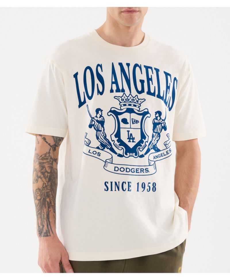 Men's Light Beige Los Angeles Dodgers Lifestyle Coat of Arms Flocking T-Shirt