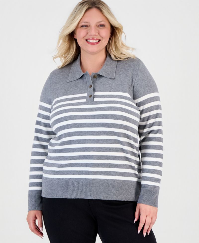 Women's Stripe Long-Sleeve Polo Sweater