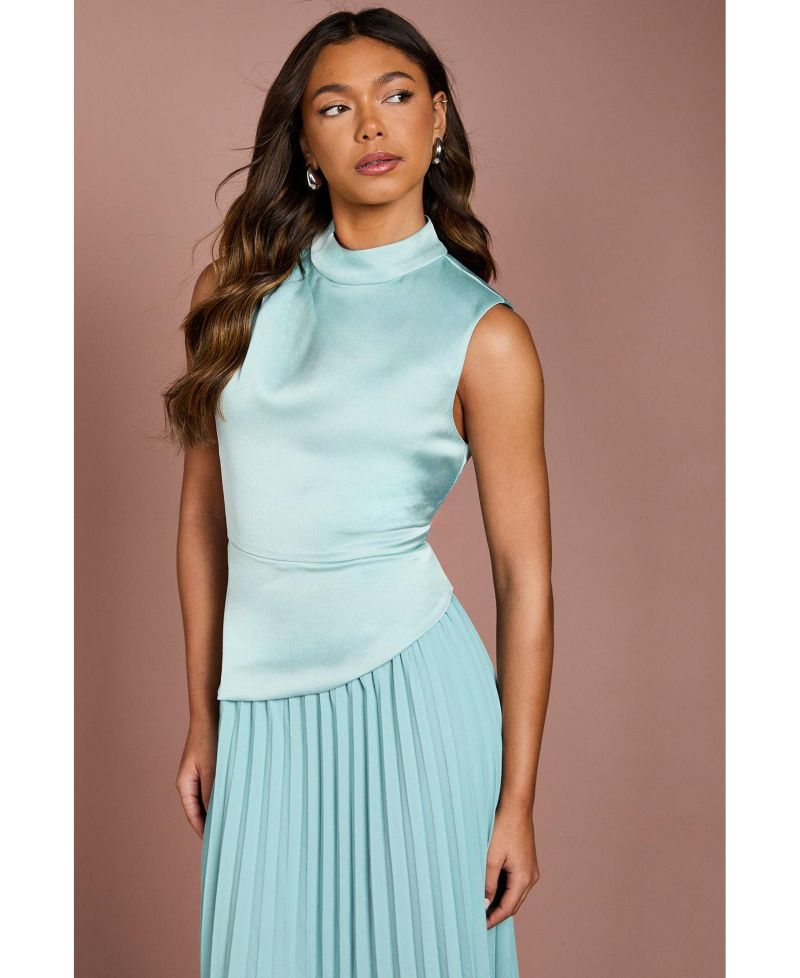 Women's High Neck Pleated Midi Dress