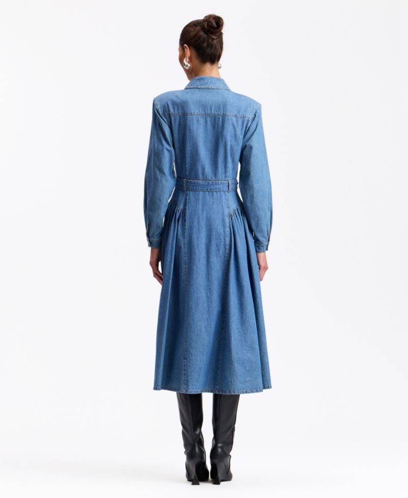 Women's Fit & Flare Belted Statement-Shoulder Denim Midi Shirt Dress