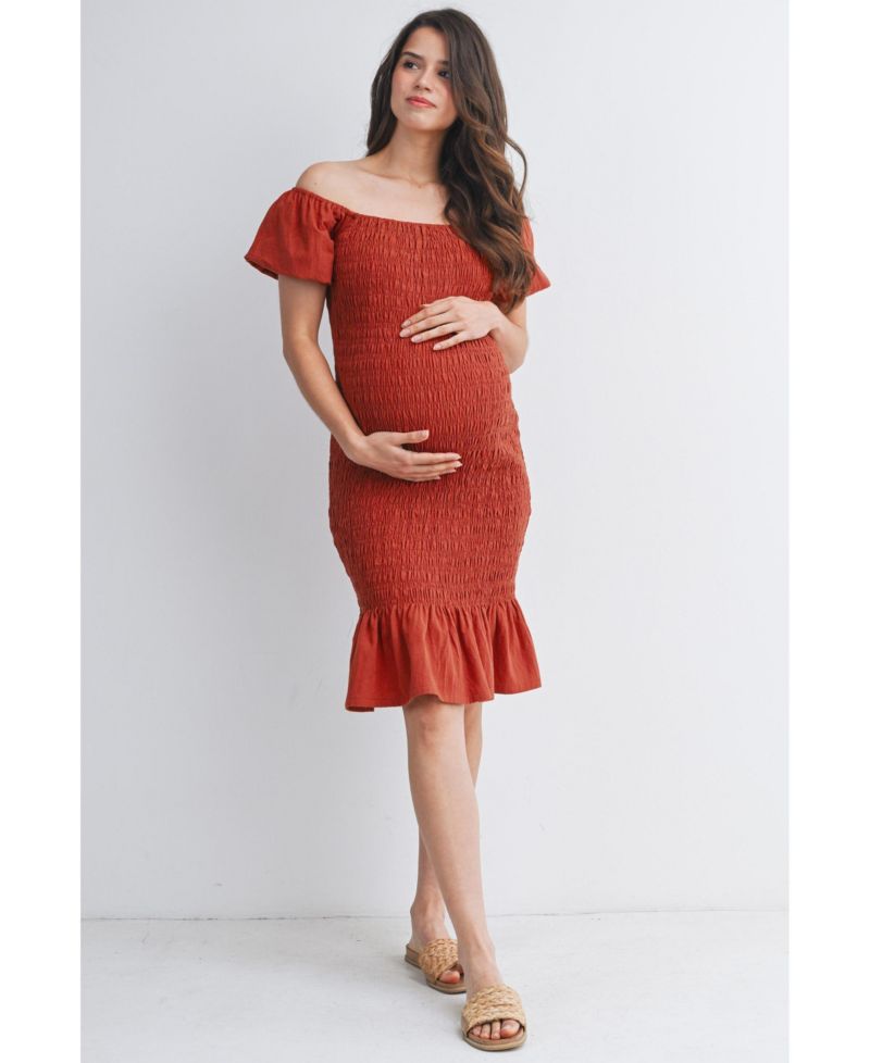 Women's Off-the-Shoulder Smocked Bodycon Midi Dress with Ruffle Hem