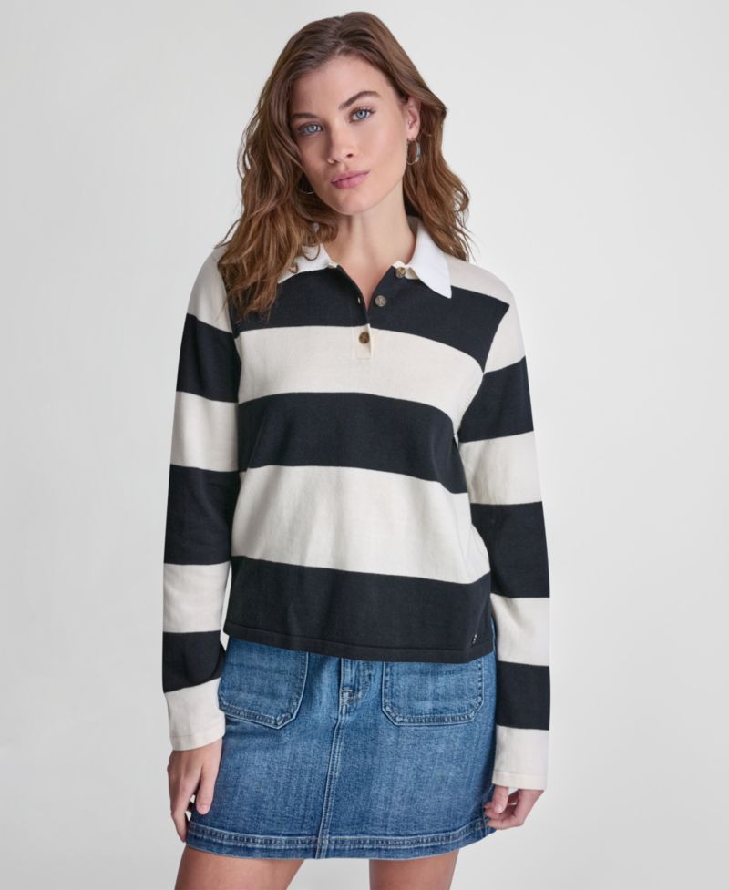 Women's Long-Sleeve Logo Charm Multi-Stripe Cotton Polo Sweater