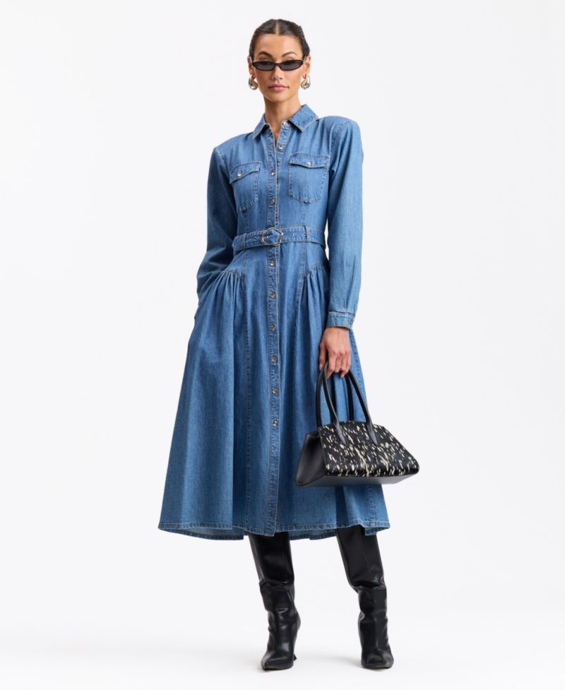 Women's Fit & Flare Belted Statement-Shoulder Denim Midi Shirt Dress