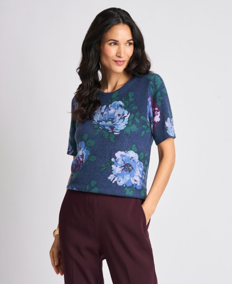 Women's Short-Sleeve Floral-Print Crewneck Sweater