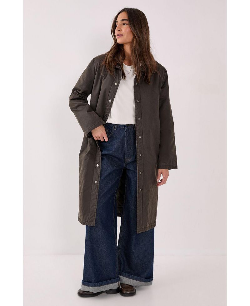 Women's Longline Cord Collar Wax Effect Coat