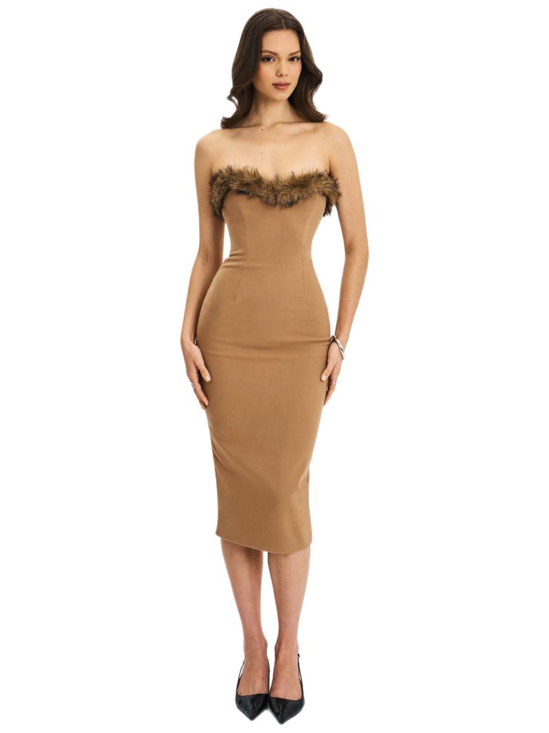 Women's Rayanne Chestnut Strapless Faux Fur-Trimmed Sweetheart Maxi Dress