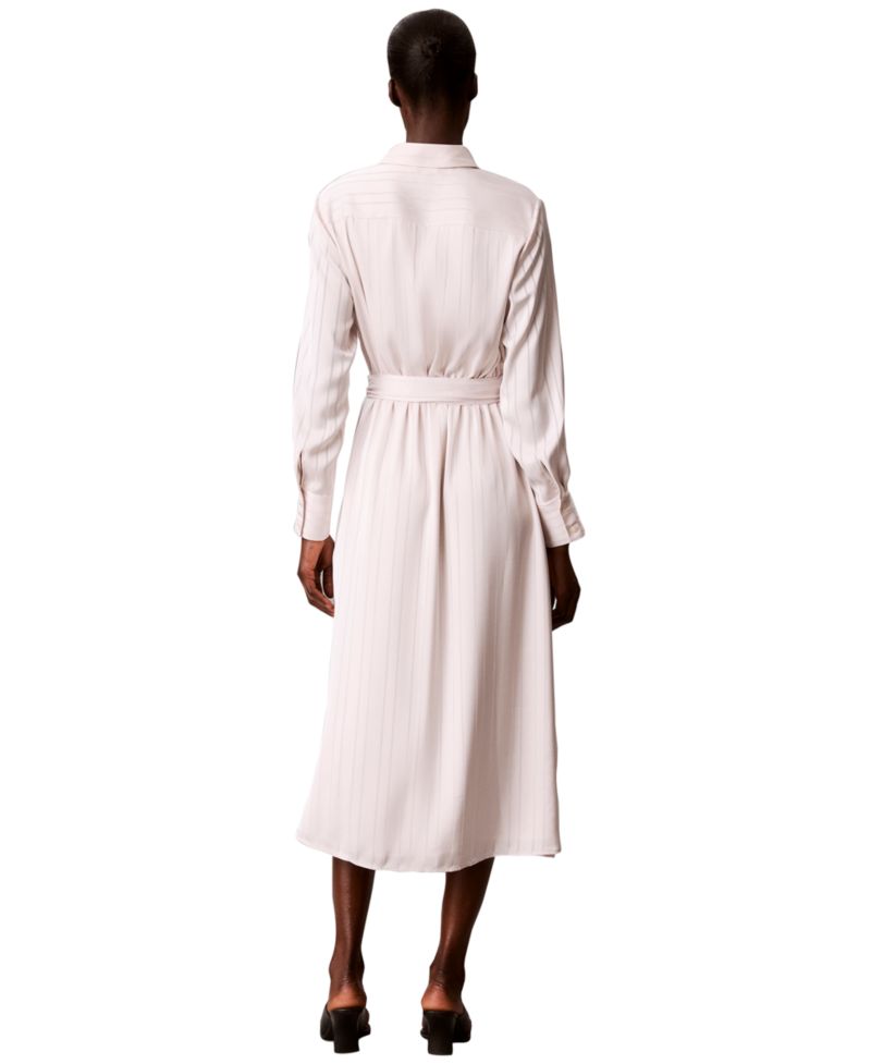 Women's Long-Sleeve Satin-Stripe Midi Shirt Dress