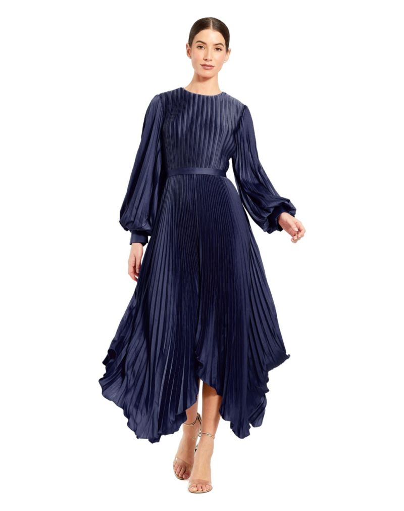 Women's Long Sleeve Pleated Charmeuse Handkerchief Dress
