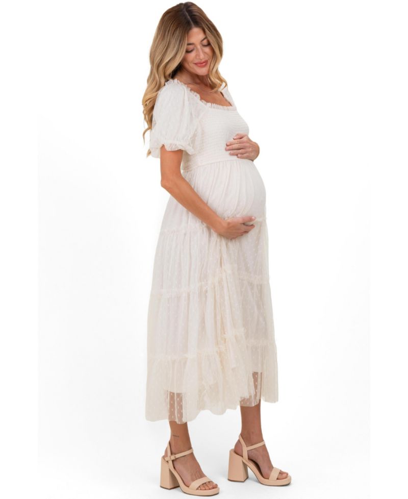 Women's CreamTulle Puff Sleeve Smocked Midi Dress