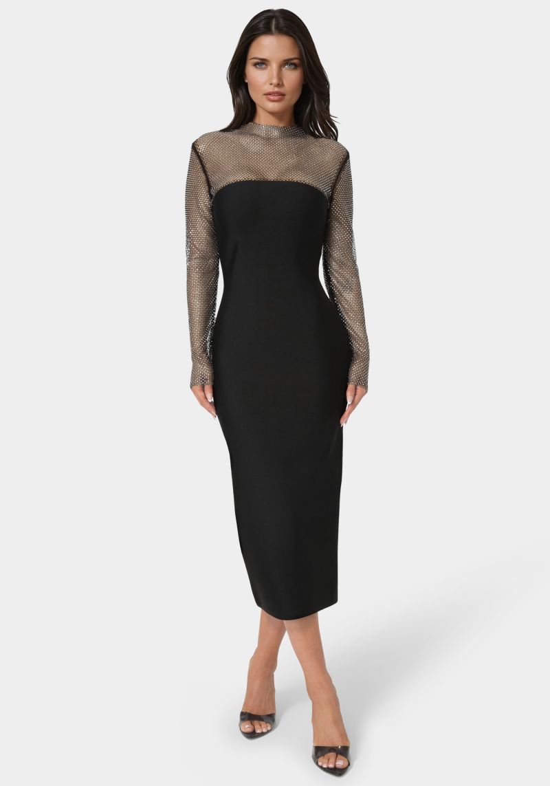 Women's Long Sleeve Midi Dress With Crystal Mesh Combo