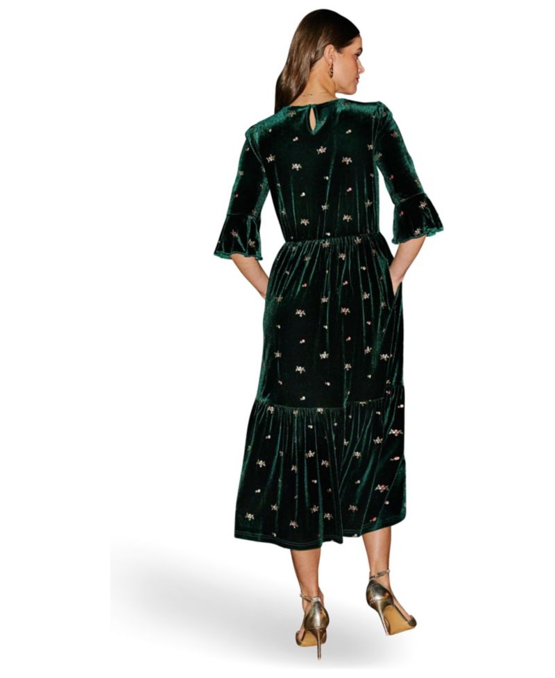 Women's Velvet Embroidered V-Neck Midi Dress