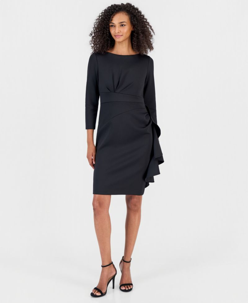 Petite Boat Neck Draped Cascading-Ruffle Sheath Dress