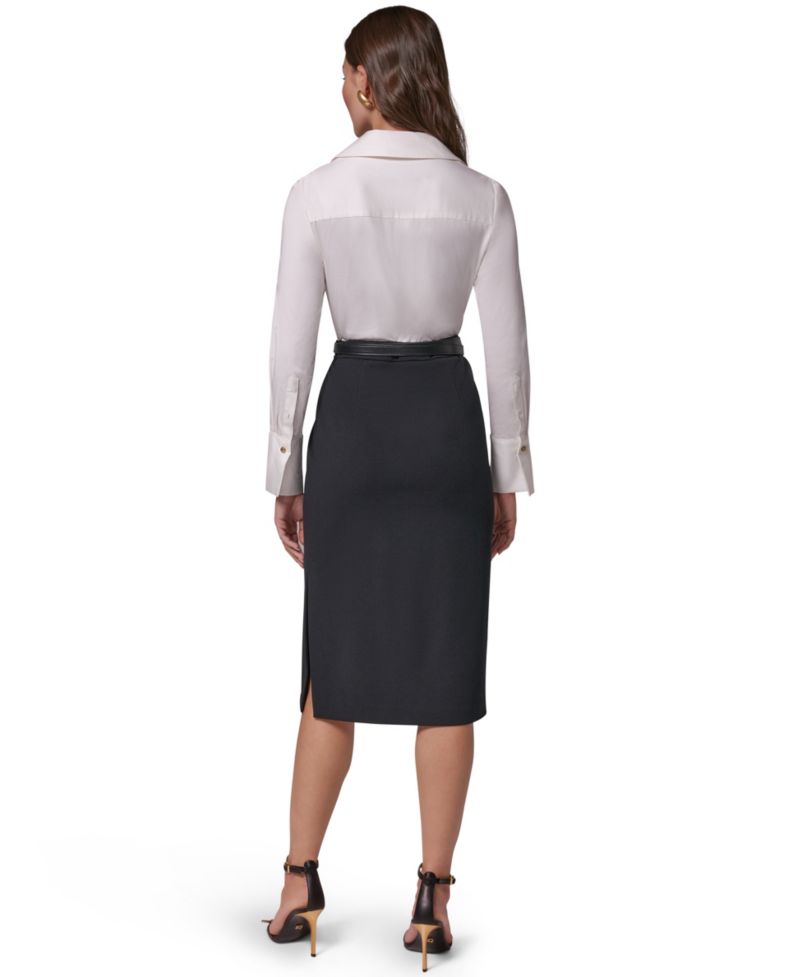 Women's Long-Sleeve Collared Mixed Media Belted Pencil Dress