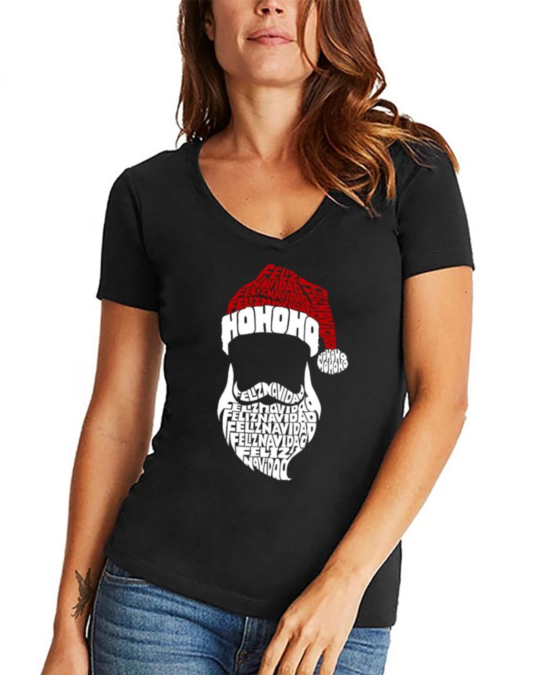 Women's Feliz Navidad Santa Claus Word Art V-Neck T-shirt