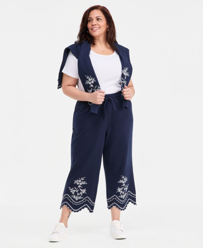 Plus Size Scalloped Eyelet Wide-Leg Knit Pants