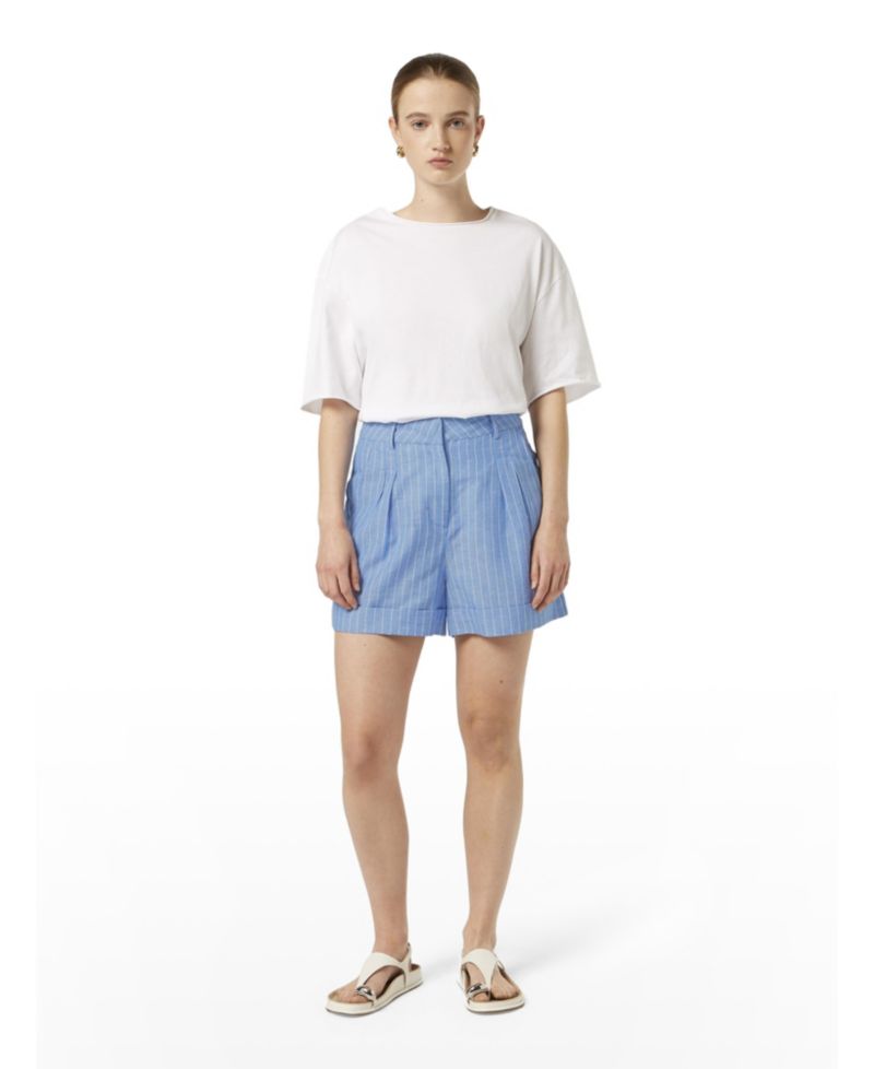 Women's High Rise Linen Printed Shorts, Blue and White Pin Stripe, XSmall