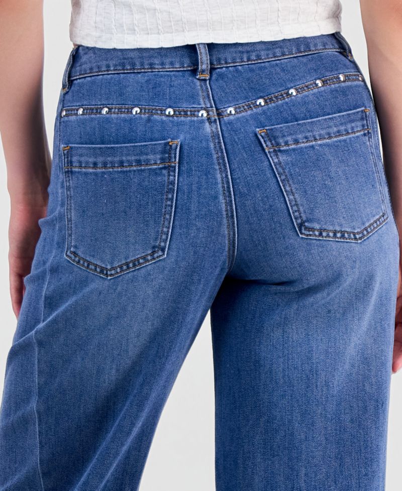 Juniors' High-Waisted Wide-Leg Studded Jeans
