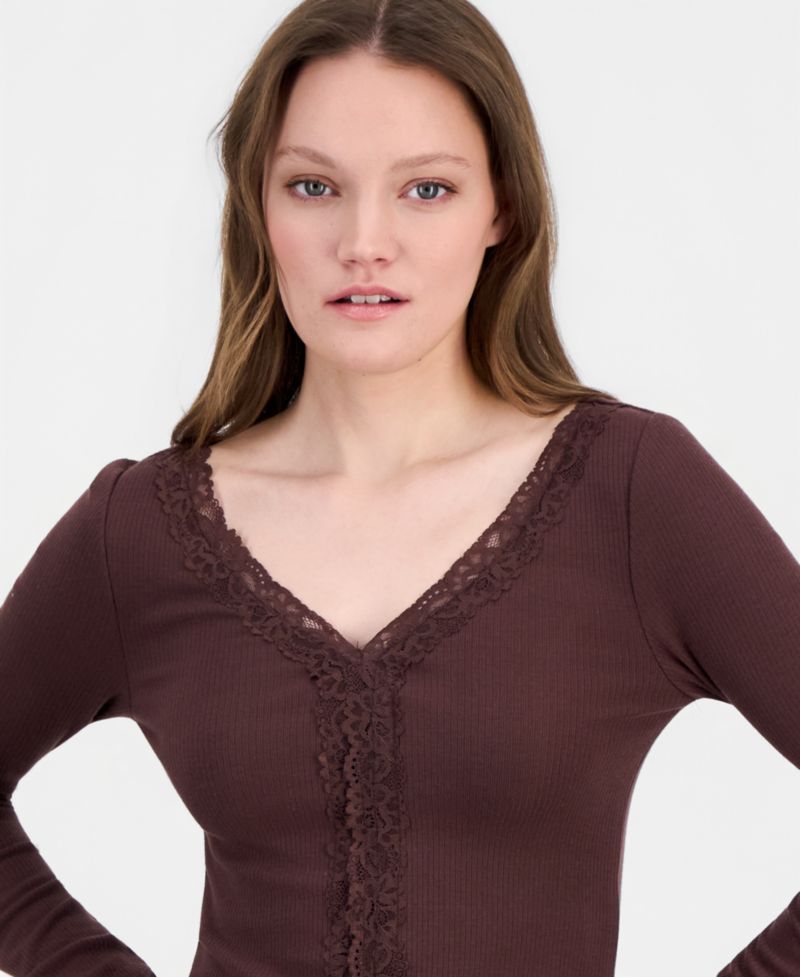 Juniors' Lace-Trim Long-Sleeve Ribbed Top