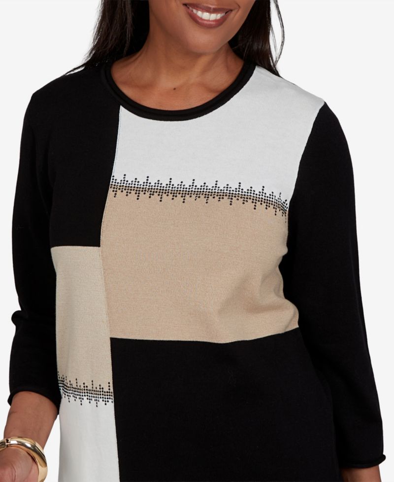 Petite Travel Advisory Colorblock 3/4-Sleeve Embellished Sweater