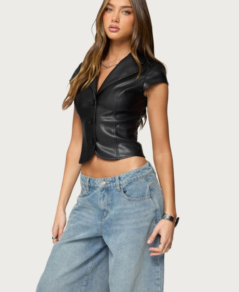 Womens Faux Leather Tailored Button Up Top
